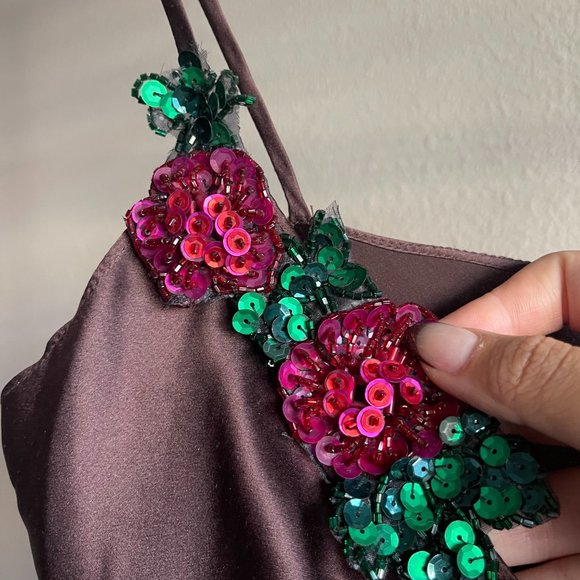 CHOCOLATE VITAGE Y2K FLORAL SEQUIN SILK SLIP - Picture 3 of 4